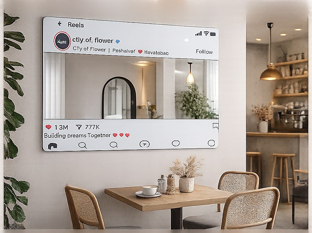 Wide insta mirror concept in a café selfie corner